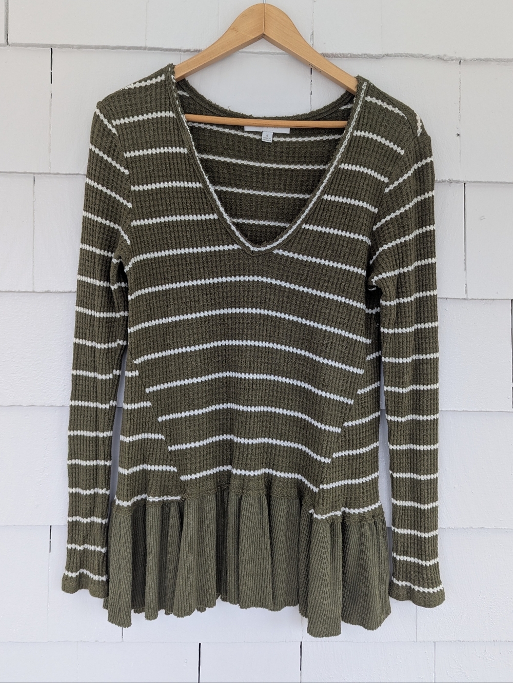 Anthropologie Eri + Ali Olive Green White Striped Ruffle Bottom Long Sleeve Top